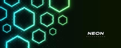 Modern Futuristic Sci-Fi Background with Glowing Hexagon Neon Shapes in Blue and Green with Halftone Style Isolated on Dark Background vector
