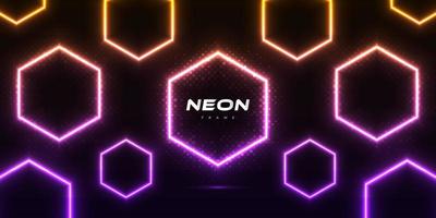 Modern and Futuristic Background with Hexagon Shapes in Glowing Neon Effect and Halftone Style on Dark Background. Colorful Neon Frame vector