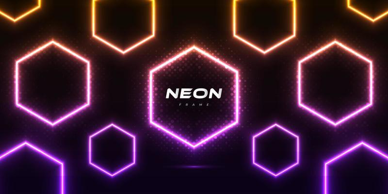 Modern and Futuristic Background with Hexagon Shapes in Glowing Neon Effect and Halftone Style on Dark Background. Colorful Neon Frame