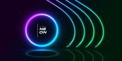 Modern and Futuristic Background with Glowing Neon Circle Frame with Halftone Effect Isolated on Dark Background. Colorful Neon Background vector