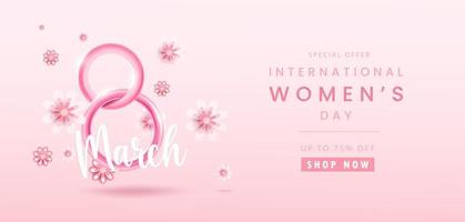 8 march background or banner. International women's day floral decorations in paper art style with realistic flowers. Greeting card on pastel pink tone. Vector illustration