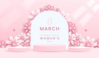 Minimal scene on pink pastel background with cylinder podium and flowers for women, valentine, mother day. Stage mockup showcase for product, sale, cosmetic and discount. 3d vector illustration