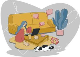 Flat vector illustration. Home office. Distance work. Online job. Hand drawn. Working at home. Concept illustration. Woman, laptop and dog. People at home in quarantine.