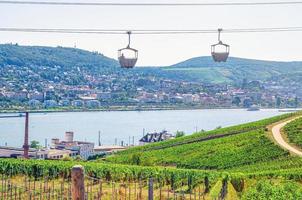 Cable car on rope of cableway from Rudesheim am Rhein town to Roseneck mount above vineyards fields photo