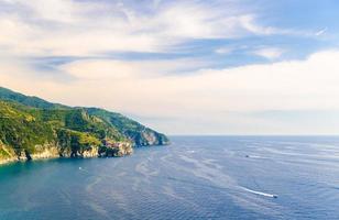 Aerial top panoramic view of Manarola village on cliff and Gulf of Genoa, Ligurian Sea photo