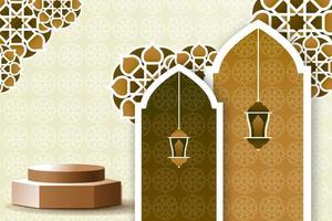 Simple 3d podium pedestal stage with arabian hanging lantern and mosque door decoration for ramadan islamic event vector