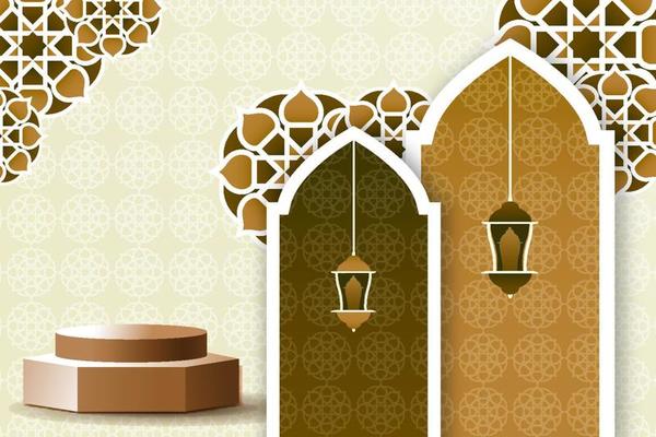 Simple 3d podium pedestal stage with arabian hanging lantern and mosque door decoration for ramadan islamic event