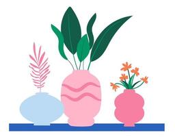 Vector banner, background with indoor plants in colorful pots in boho style. Leafy indoor plants growing in flower vases. Beautiful interior with decor. Home garden. Flat illustration