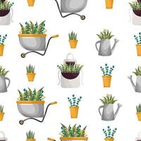 Cute spring pattern of garden tools. Elements for planting indoor plants, seedlings, herbs, apron, pots, watering can, wheelbarrow with flowers. Vector set, icons, stickers home garden.