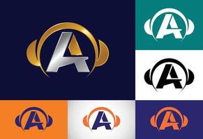 Initial A monogram alphabet with a headphone. Headphone Logo. Music sign symbol. Font emblem. vector