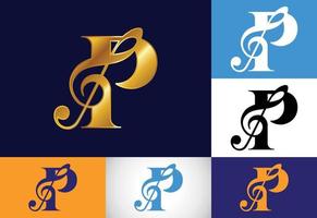 alfabeto inicial del monograma p con una nota musical. signos sinfónicos o melódicos. símbolo de signo musical. vector