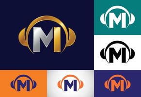 Initial M monogram alphabet with a headphone. Headphone Logo. Music sign symbol. Font emblem. vector