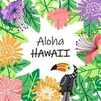 Aloha Hawaiian party invitation with palm leaves and exotic flowers. Summer vacation vector illustration. Square frame poster. Colorful hibiscus flowers blossom and tropical leaves.