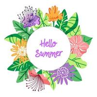 Hello summer card. Vector illustration for greeting card. Holiday time. Hello Summer typographical background with tropical plants and exotic flowers.