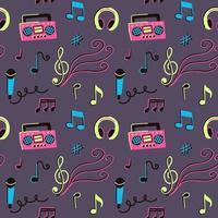 Seamless pattern with musical elements, notes, microphone, sound, tape recorder, headphones