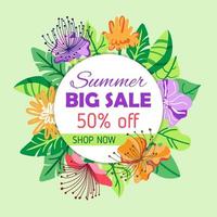 Summer sale banner. Big discount. Summer sale round background with flowers, leaves. Tropical banner, flyer, invitation, posters, brochure, voucher discount.