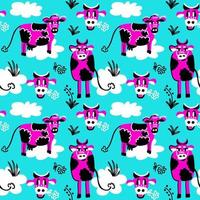 Seamless pattern with bright cows and bulls grazing in a meadow with flowers, grass and clouds vector