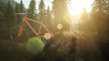 vélo dans la forêt de montagne au coucher du soleil