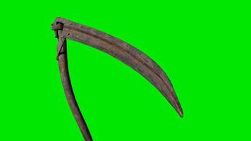 Ancient rusted metal scythe on green chromakey background video