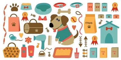 un conjunto de accesorios para el cuidado y mantenimiento de las mascotas. lindo perro en ropa.