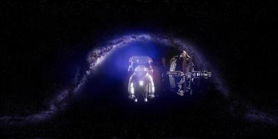 astronaute vr 360 et vaisseau spatial futuriste volant dans l'espace avec mily way video