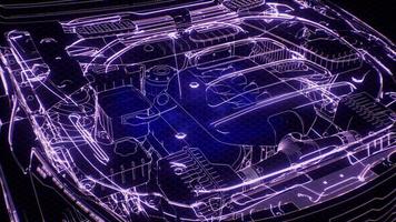 Holographic animation of 3D wireframe car model with engine video