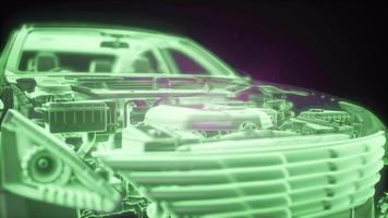 Holographic animation of 3D wireframe car model with engine video