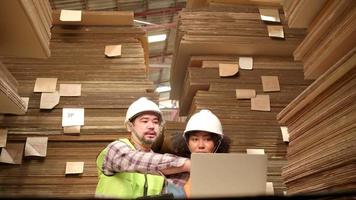 African American Female worker in a safety uniform and hard hat and male colleague inspect storage, stock order at factory warehouse, piles of stacking paper manufacture, industry product management. video