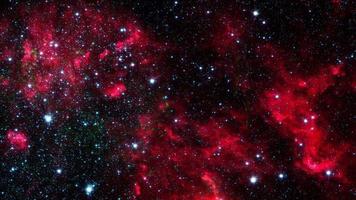 Space flight to glow red nebula cloud