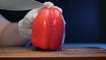 Professional cook in gloves cuts ripe red bell pepper with water drops on brown wooden board in restaurant extreme closeup video