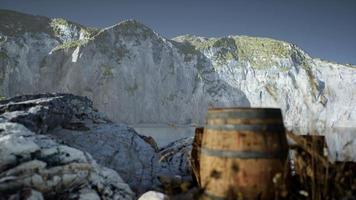 wooden barrels with sea fish at the sand beach video