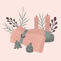 Scandinavian interior home decorations - wreath, cat, tree, gift, candles, table. Compositions. Cozy Winter holiday season. Cute Hygge style. Vector. Isolated. vector