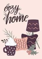 Poster quote Scandinavian interior home decorations - wreath, cat, tree, gift, candles, table. Compositions. Cozy Winter holiday season. Cute Hygge style. Vector. Isolated. vector