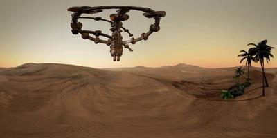 VR 360 alien spaceship rotate over desert