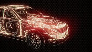 Holographic animation of 3D wireframe car model with engine video