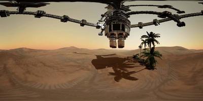 La nave espacial extraterrestre vr 360 gira sobre el desierto. OVNI video