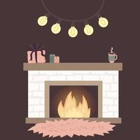 Scandinavian interior home decorations - wreath, cat, tree, gift, candles, table. Cozy Winter holiday season. Cute Hygge style. Vector. Isolated. vector