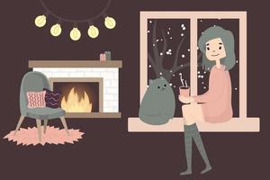 Cute girl sitting with cat by the window and drink hot coffee tea cacao. Cozy winter. Illustration in cartoon style.
