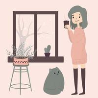 Cute girl with cat by the window and drink hot coffee tea cacao. Cozy winter. Illustration in cartoon style.
