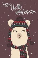 Holiday card with cute cartoon llama and  slogan. Alpaca wearing knitted hat and scarf with snowflakes back. Vector, isolated. Hello winter. Hand drawn illustration vector