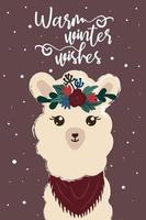 Holiday card with cute cartoon llama and  slogan. Alpaca wearing floers wrath  and scarf with snowflakes back. Vector, isolated. Warm winter wishes. Hand drawn illustration vector
