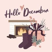 Hola diciembre. citas de letras de invierno. vector escrito a mano imprimible para carteles, postales, impresiones. frase acogedora para el invierno o el otoño. caligrafía moderna.