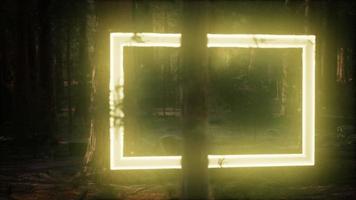 marco rectangular brillante de neón en el bosque nocturno