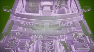 Holographic animation of 3D wireframe car model with engine video