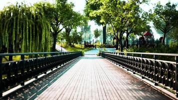 old metal bridge over a small river in park video