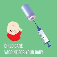 vacuna para el banner de su bebé con jeringa y vacuna y una ilustración de bebé vector
