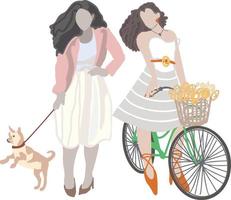 mujer joven con perro hablando con una chica que anda en bicicleta con flores en una cesta de bicicletas, vector