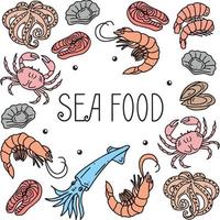 Vector frame with hand drawn seafood illustration. Fresh lobster, crab, oyster, mussel, squid and shrimp. Decorative poster or banner design with sea food sketch. Vintage menu template.