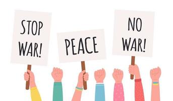 People holding banners and placards. No war concept vector