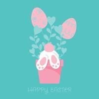 Happy easter illustration with rabbit paws in a pot, colorful eggs and simple flower arrangements. Cute holiday vector illustration. For invitation, postcard, print, sticker, banner, poster and others
